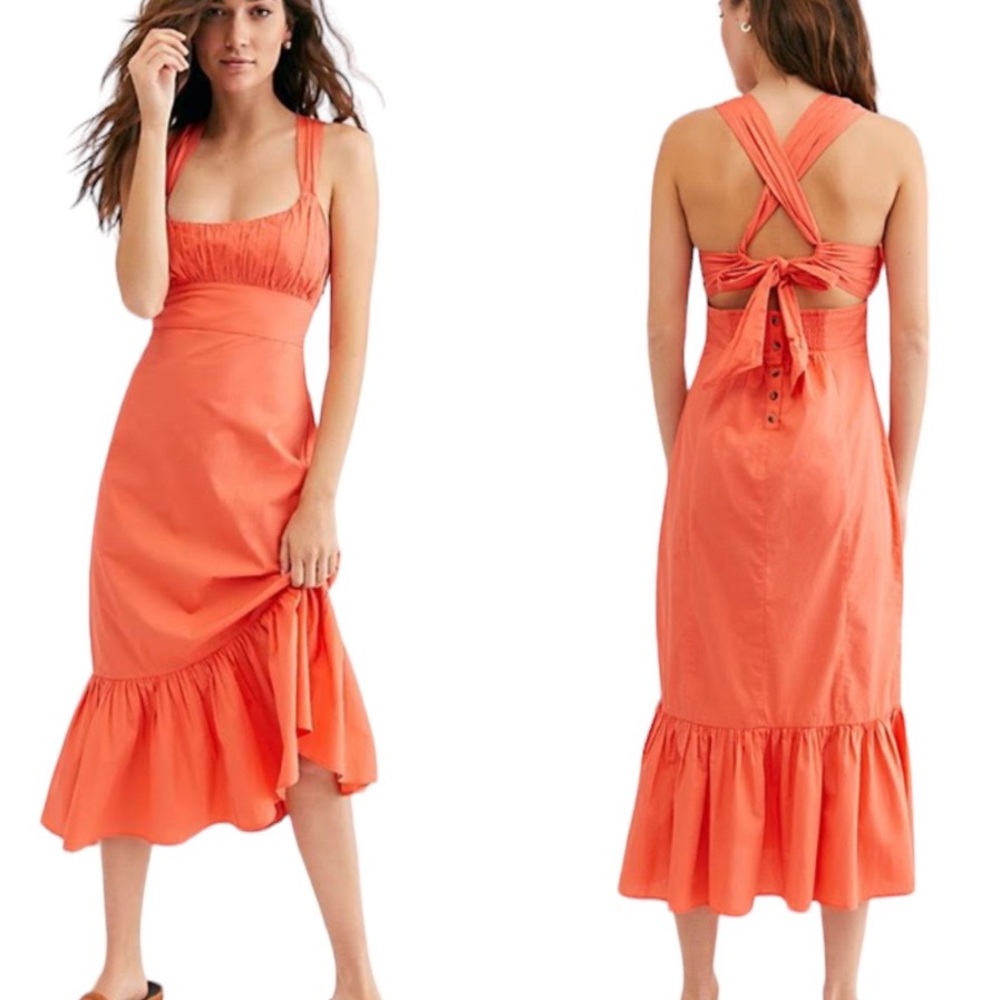 Free People Laila Coral Orange Tie Back Bow Detail Scoop Neck Midi Dress - L